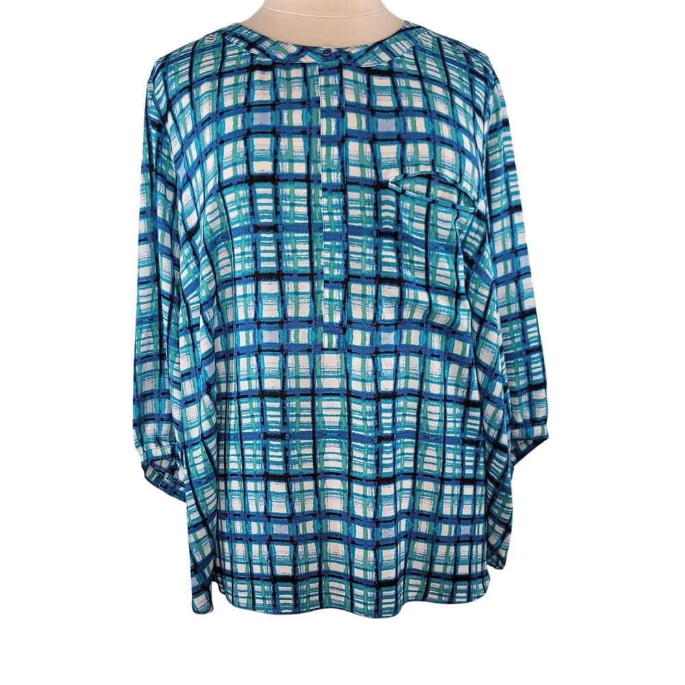 NYDJ Blue &‎ Teal Plaid Print  Rounded Neckline Blouse